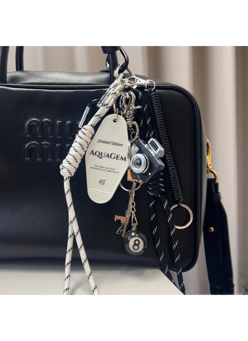 Generic - 2024 Trendy Bag Charm Keychain Fashion Accessory Camera Billiards Key Black and White Rope m Wind Pendant - Image 1