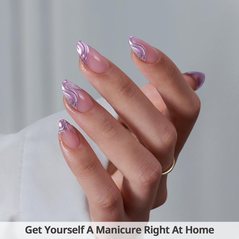 BTArtbox French Tip Press On Nails - Lamp-Curable Chrome Short Almond Press On Nails with Glue for Women, Semi-Transparent Soft Gel Glue On Nails in 16 Sizes - 32 Stick On Nails Kit, Mermaid Tail - Image 2
