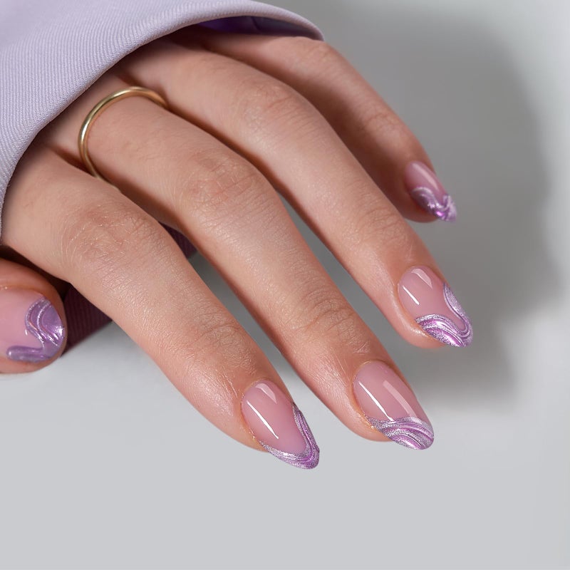 BTArtbox French Tip Press On Nails - Lamp-Curable Chrome Short Almond Press On Nails with Glue for Women, Semi-Transparent Soft Gel Glue On Nails in 16 Sizes - 32 Stick On Nails Kit, Mermaid Tail - Image 1