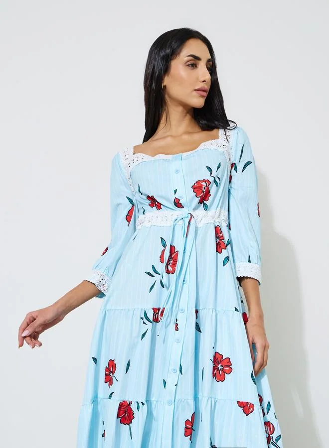 Styli  Blue Floral Print Lace Details A-Line Midi Dress for Women | Best Price UAE