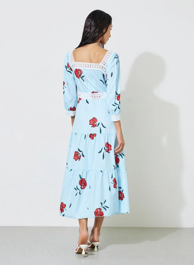 Styli  Blue Floral Print Lace Details A-Line Midi Dress for Women | Best Price UAE