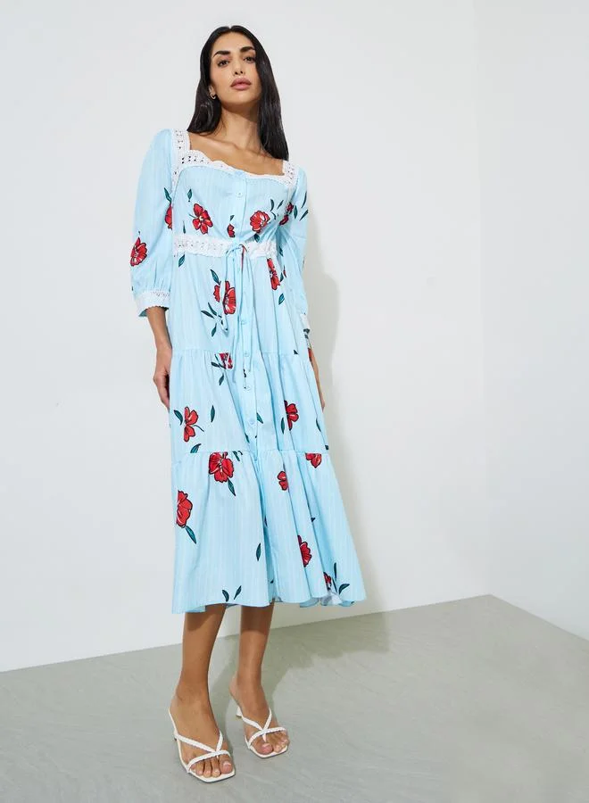 Styli  Blue Floral Print Lace Details A-Line Midi Dress for Women | Best Price UAE