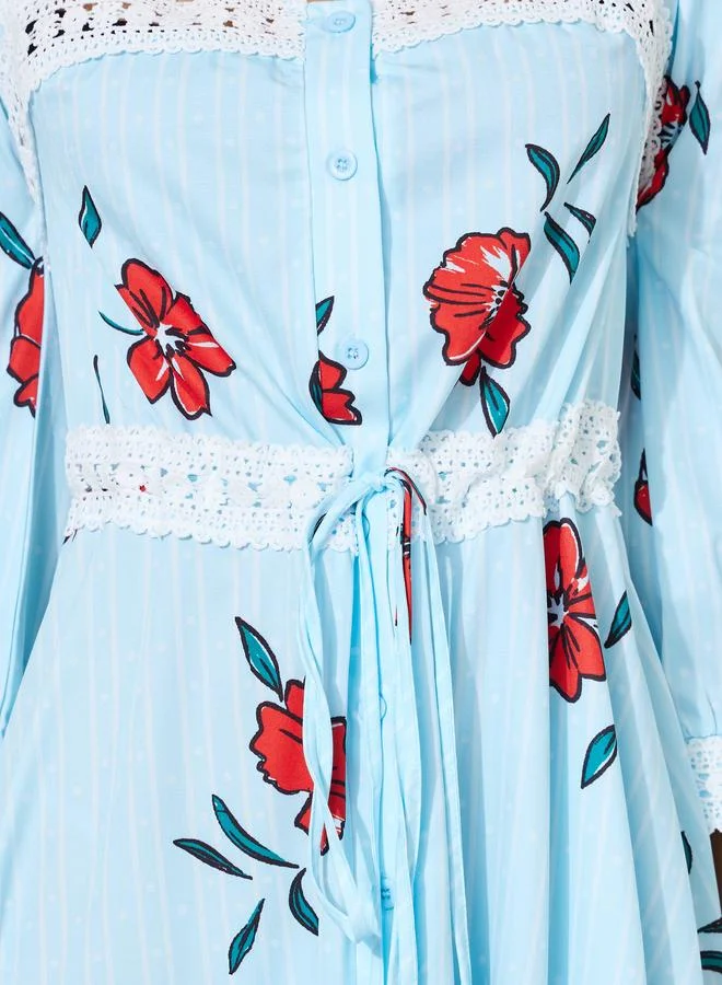 Styli  Blue Floral Print Lace Details A-Line Midi Dress for Women | Best Price UAE