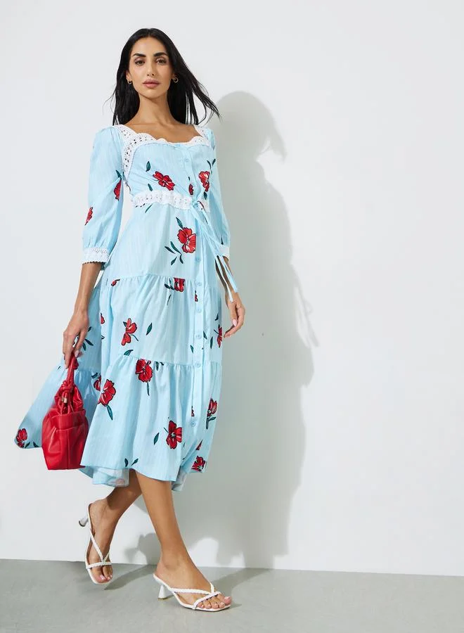 Blue Floral Print Lace Details A-Line Midi Dress