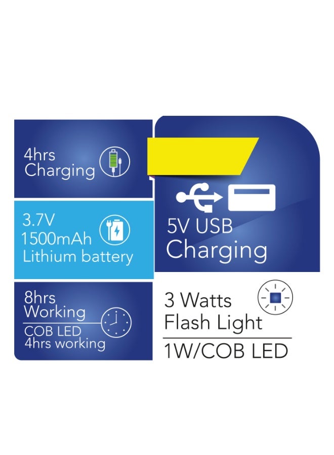 Sanford Rechargeable Searchlight, 5V USB Charging, 1500mAh Lithium Battery, 3W Flashlight, 1W/COB LED - Image 4