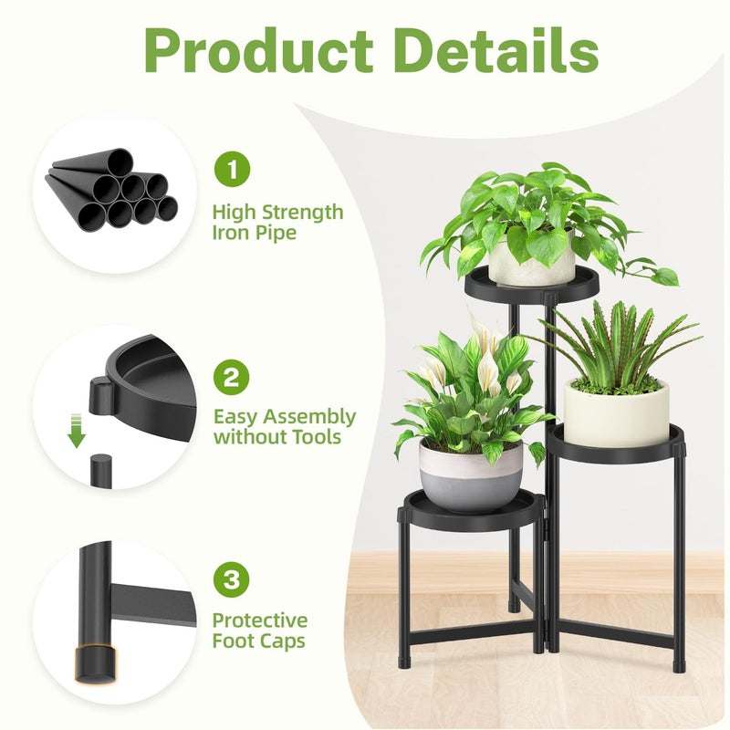 iDavosic.ly 3 Tier Folding Plant Stand Indoor Outdoor with Plastic Tray, Tiered Corner Flower Holder Shelf, Metal Orchid Display Rack for Patio Porch Living Room Garden Balcony, Modern Black - Image 4