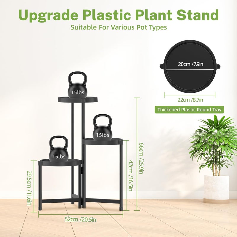 iDavosic.ly 3 Tier Folding Plant Stand Indoor Outdoor with Plastic Tray, Tiered Corner Flower Holder Shelf, Metal Orchid Display Rack for Patio Porch Living Room Garden Balcony, Modern Black - Image 5