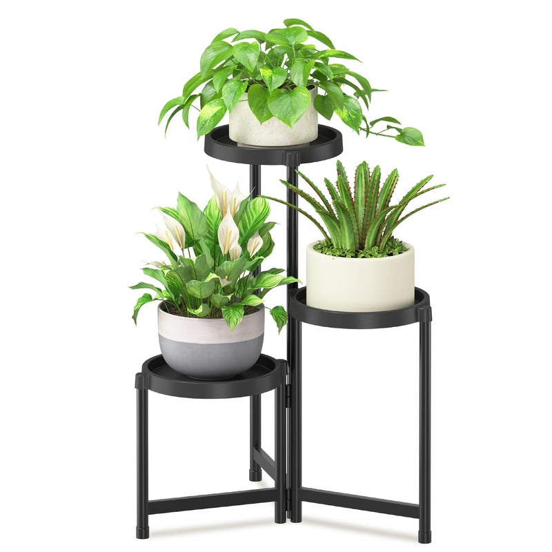 iDavosic.ly 3 Tier Folding Plant Stand Indoor Outdoor with Plastic Tray, Tiered Corner Flower Holder Shelf, Metal Orchid Display Rack for Patio Porch Living Room Garden Balcony, Modern Black - Image 1