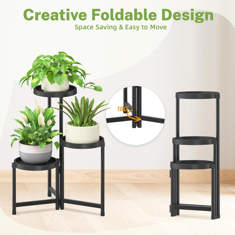 iDavosic.ly 3 Tier Folding Plant Stand Indoor Outdoor with Plastic Tray, Tiered Corner Flower Holder Shelf, Metal Orchid Display Rack for Patio Porch Living Room Garden Balcony, Modern Black - Image 3