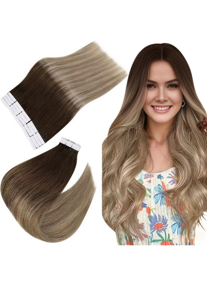 إيزي يوث شريط في وصلات شعر بشري شريط Balayage في وصلات شعر بني متدرج إلى أشقر رمادي شريط في وصلات شعر شعر بشري حقيقي 16 بوصة 40 جرام 20 قطعة - Image 1