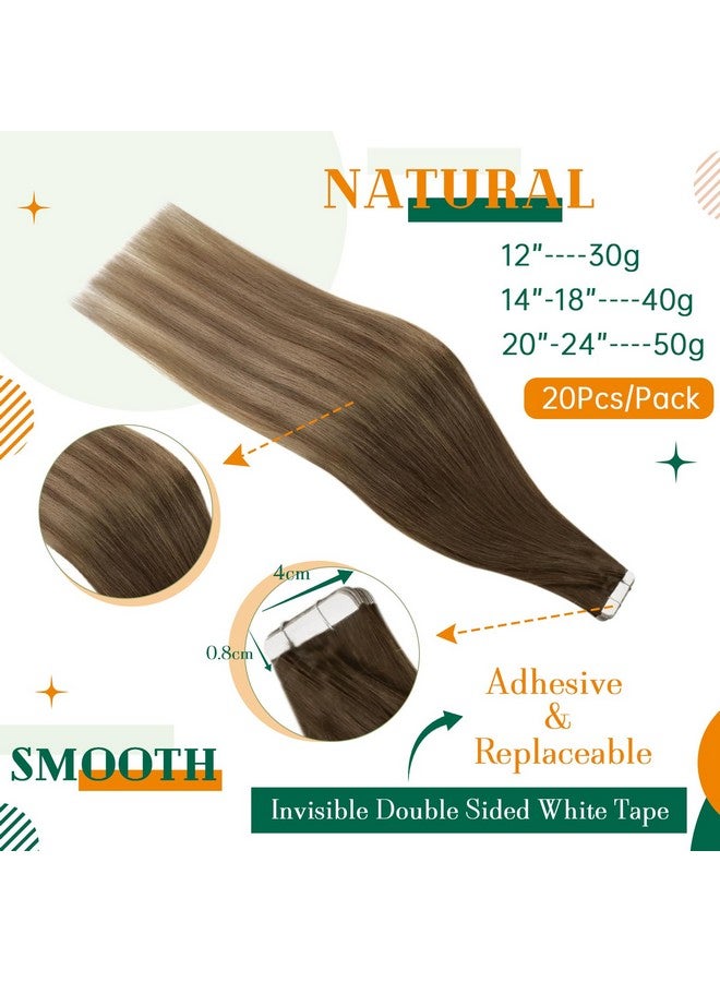 إيزي يوث شريط في وصلات شعر بشري شريط Balayage في وصلات شعر بني متدرج إلى أشقر رمادي شريط في وصلات شعر شعر بشري حقيقي 16 بوصة 40 جرام 20 قطعة - Image 3