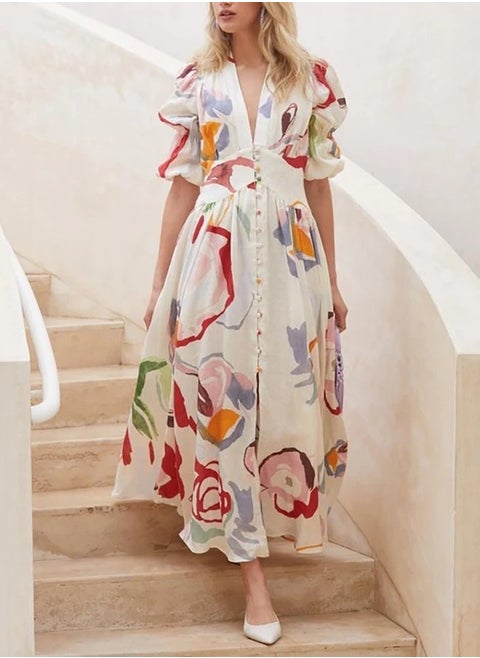 New Slim Fit Big Swing Four Sided Elastic Printed Long Skirt