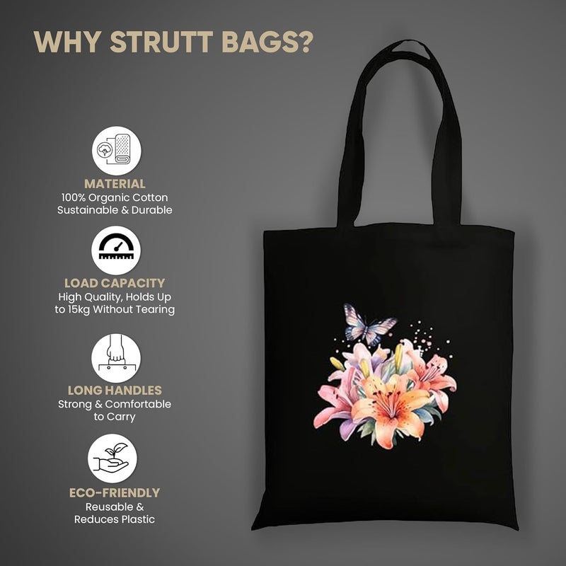 STRUTT حقيبة قماش قابلة للطي للنساء، حقيبة للتسوق للفتيات الجامعيات، حقيبة تسوق قابلة لإعادة الاستخدام من القطن العضوي 100%، حقيبة متعددة الأغراض صديقة للبيئة للسفر والاستخدام اليومي - مزهرة - Image 2