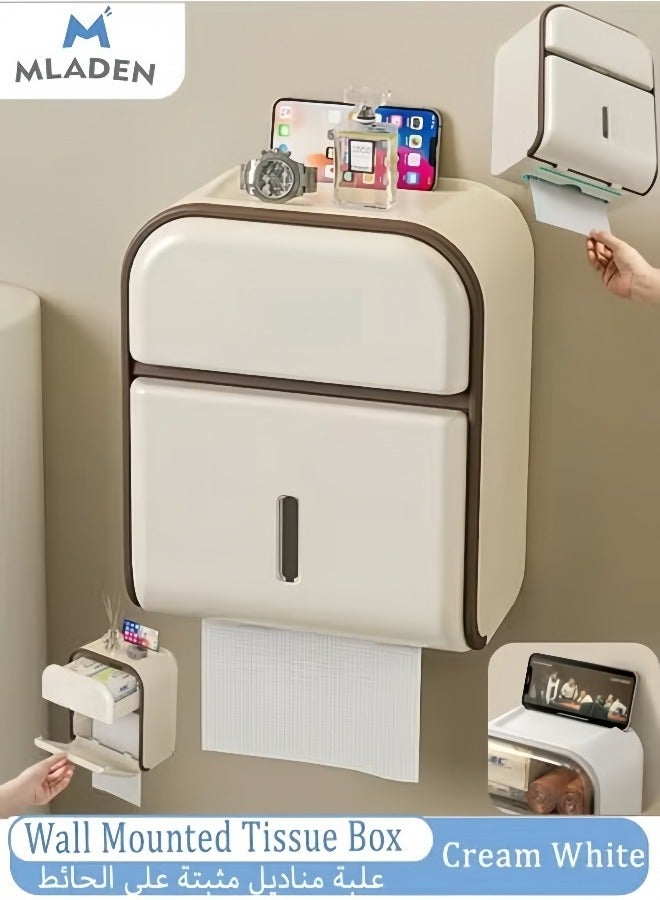 MLADEN Wall Mounted Toilet Paper Holder Waterproof Tissue Box Shelf with Mobile Phone Holder, No Hole Punching, Compatible with Roll Paper Tissue Paper for Bathroom Kitchen Living Room - Image 1