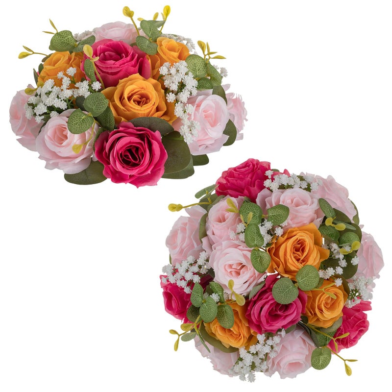 NUPTIO Flower Ball Centerpieces for Tables: Hot Pink & Orange & Pink Artificial Rose Arrangements for Wedding Party - 2 Pcs Faux Floral Baby Breath Kissing Balls for Spring Home Event Decor - Image 1