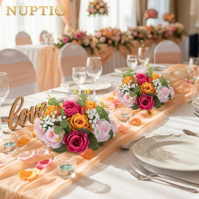 NUPTIO Flower Ball Centerpieces for Tables: Hot Pink & Orange & Pink Artificial Rose Arrangements for Wedding Party - 2 Pcs Faux Floral Baby Breath Kissing Balls for Spring Home Event Decor - Image 2
