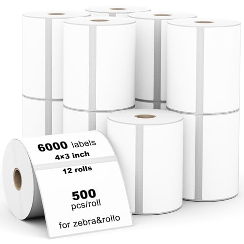 Labelebal (6000 Labels 3-Proof 1" Core) Labelebal 12 Rolls 4" x 3" Direct Thermal Label (101mm x 76mm) Multipurpose Shipping Address Mailing Barcodes Stickers Compatible for Zebra & Rollo Desktop Label Printer - Image 1