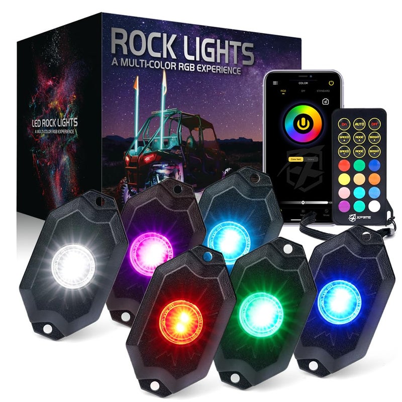 Xprite RGBW LED Rock Lights Kit with Bluetooth  Wireless Remote Controller Multicolor Cars Underglow Wheel Footwell Neon Light Kits for OffRoad UTV ATV Trucks SUV Motorcycle Boats  6 Pods