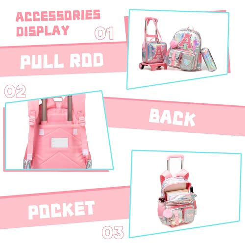 Meetbelify Rolling Backpack for Girls Backpack with Wheels for Elementary Student Kids School Bag with Lunch Box Pencil Case for Girls Ages 6-8 Years Old Pink - Image 4