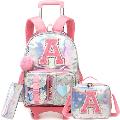 Meetbelify Rolling Backpack for Girls Backpack with Wheels for Elementary Student Kids School Bag with Lunch Box Pencil Case for Girls Ages 6-8 Years Old Pink - Image 1