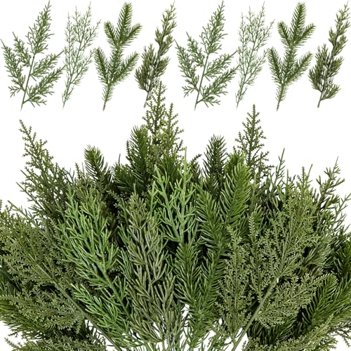 Kunjocy 40 Pcs Artificial Pine Branches Assorted Faux Pine Stems Cedar Leaves Needle Sprigs Plastic Fake Christmas Greenery Pine Picks for Xmas Tree Wreaths Garlands DIY Accessories Home Decor (40, Green) - Image 1