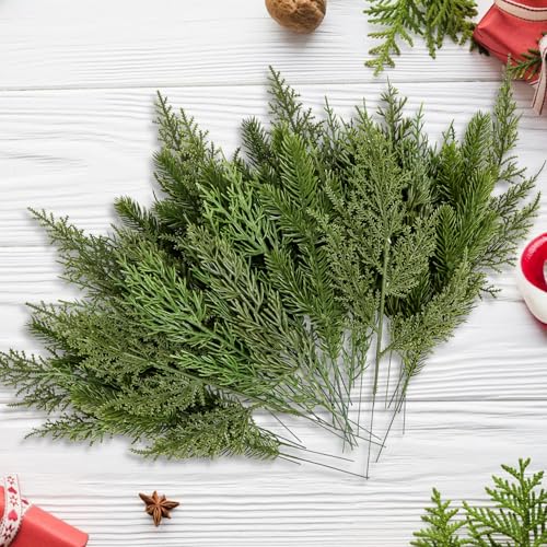 Kunjocy 40 Pcs Artificial Pine Branches Assorted Faux Pine Stems Cedar Leaves Needle Sprigs Plastic Fake Christmas Greenery Pine Picks for Xmas Tree Wreaths Garlands DIY Accessories Home Decor (40, Green) - Image 3