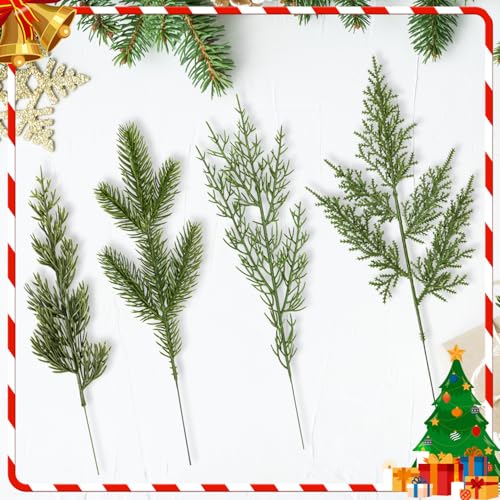 Kunjocy 40 Pcs Artificial Pine Branches Assorted Faux Pine Stems Cedar Leaves Needle Sprigs Plastic Fake Christmas Greenery Pine Picks for Xmas Tree Wreaths Garlands DIY Accessories Home Decor (40, Green) - Image 4