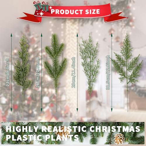 Kunjocy 40 Pcs Artificial Pine Branches Assorted Faux Pine Stems Cedar Leaves Needle Sprigs Plastic Fake Christmas Greenery Pine Picks for Xmas Tree Wreaths Garlands DIY Accessories Home Decor (40, Green) - Image 2