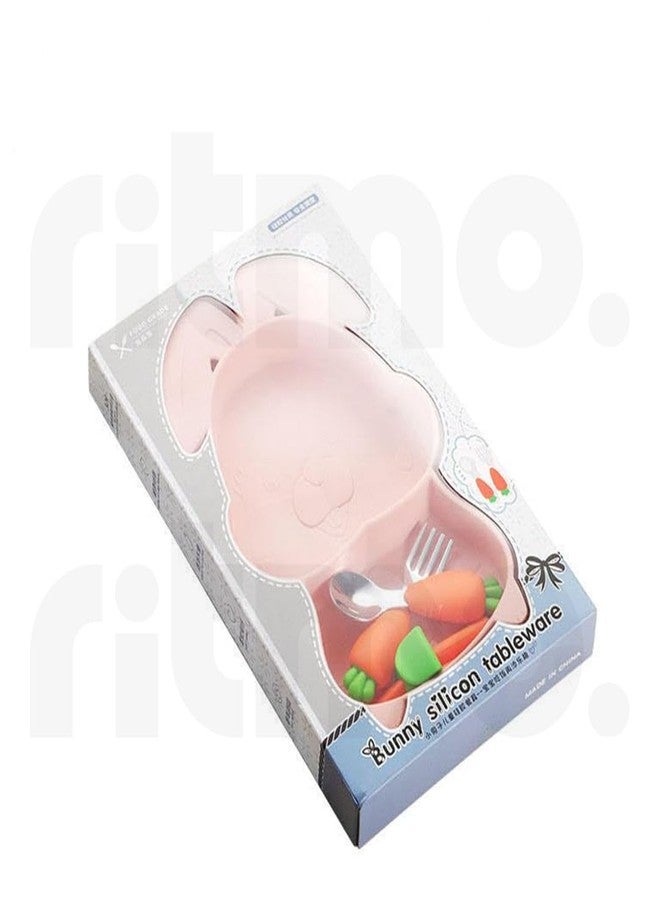 Ritmo Silicone Children Plate Tableware Custom Baby Feeding Set Toddler Feeding Supplies Plates with Fork, Spoon Cutlery Dinner Set for Children (Rabbit Pink) - Image 3