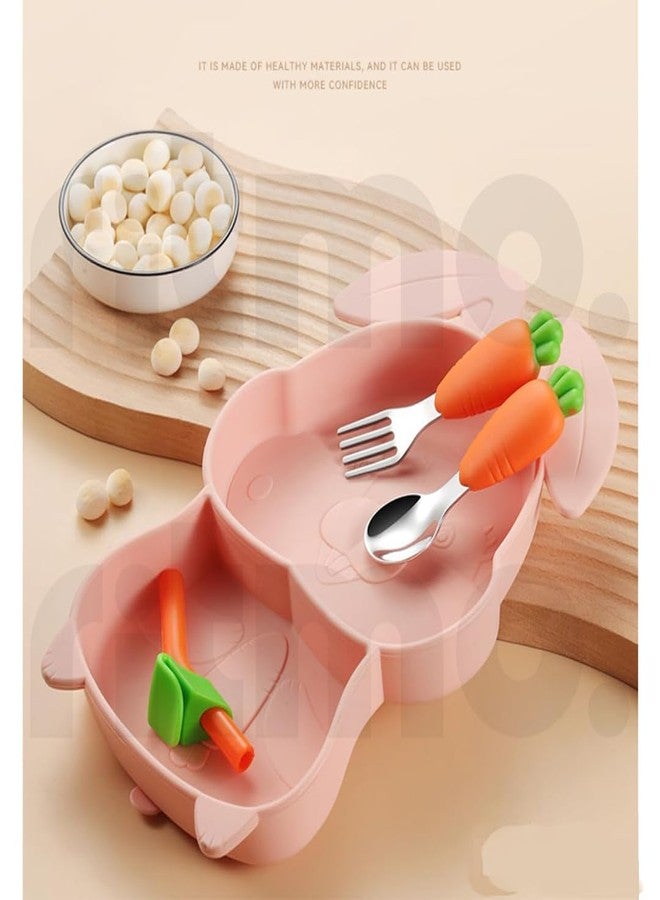 Ritmo Silicone Children Plate Tableware Custom Baby Feeding Set Toddler Feeding Supplies Plates with Fork, Spoon Cutlery Dinner Set for Children (Rabbit Pink) - Image 1