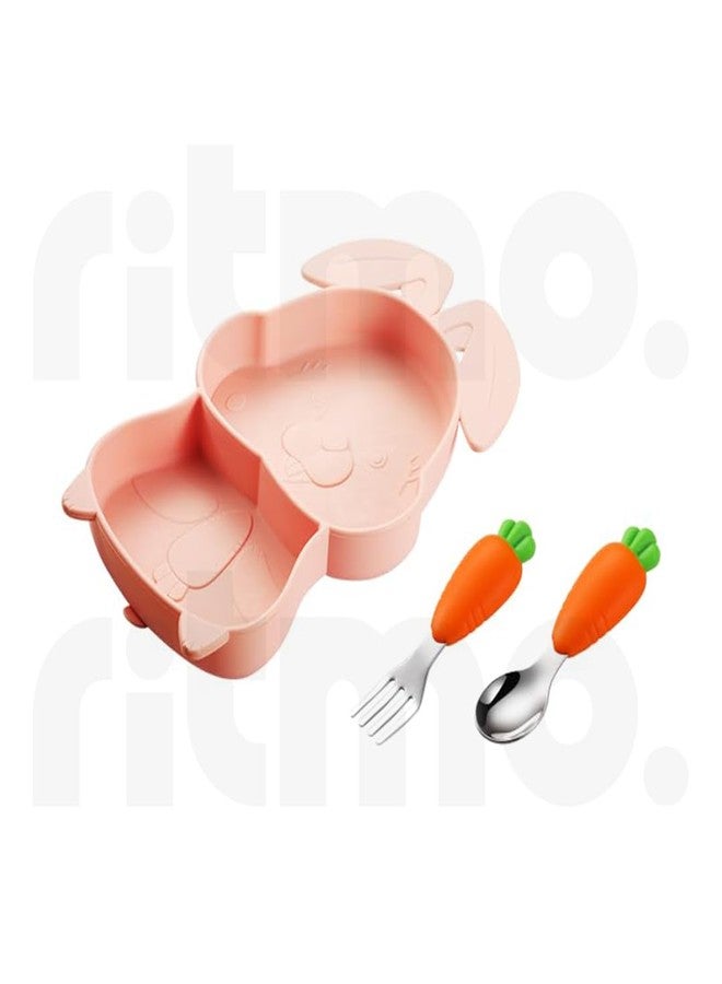 Ritmo Silicone Children Plate Tableware Custom Baby Feeding Set Toddler Feeding Supplies Plates with Fork, Spoon Cutlery Dinner Set for Children (Rabbit Pink) - Image 2