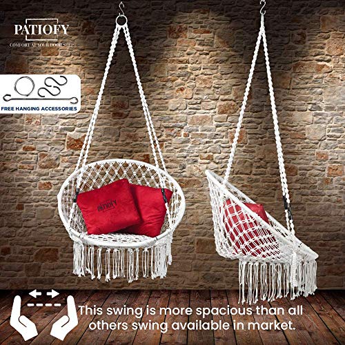 Patiofy Made in India Premium Comfy Series Swing Chair Hammock Hanging Cotton Chair with Cushion & Accessories for Indoor & Outdoor/120 Kgs Capacity/Swing Chair with 1 Cushion for Kids & Adults-White - Image 5