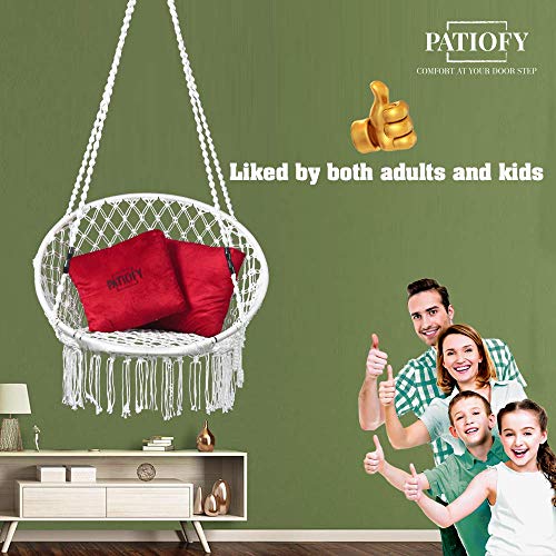 Patiofy Made in India Premium Comfy Series Swing Chair Hammock Hanging Cotton Chair with Cushion & Accessories for Indoor & Outdoor/120 Kgs Capacity/Swing Chair with 1 Cushion for Kids & Adults-White - Image 4