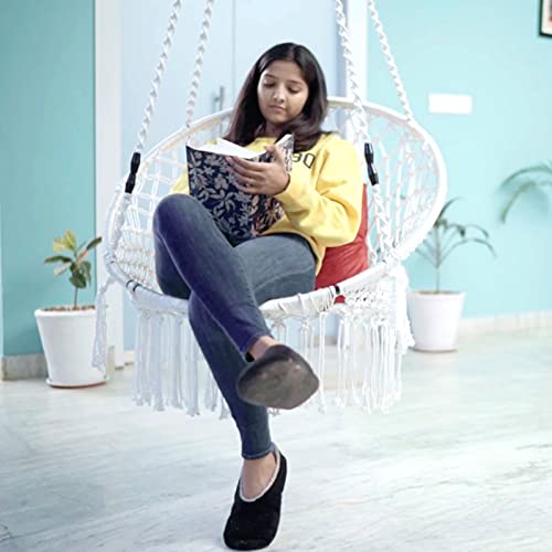 Patiofy Made in India Premium Comfy Series Swing Chair Hammock Hanging Cotton Chair with Cushion & Accessories for Indoor & Outdoor/120 Kgs Capacity/Swing Chair with 1 Cushion for Kids & Adults-White - Image 1