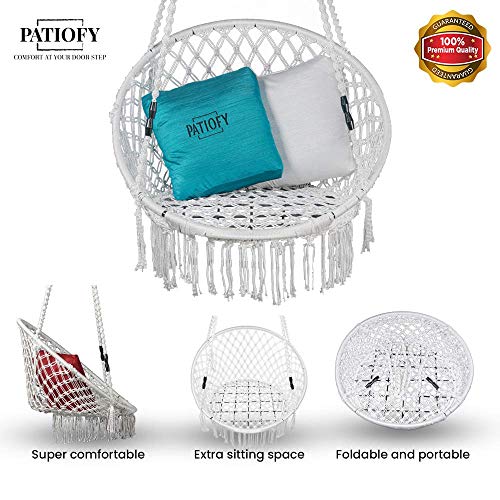 Patiofy Made in India Premium Comfy Series Swing Chair Hammock Hanging Cotton Chair with Cushion & Accessories for Indoor & Outdoor/120 Kgs Capacity/Swing Chair with 1 Cushion for Kids & Adults-White - Image 3