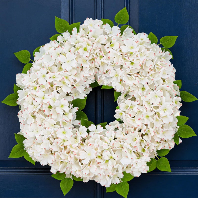 Steamrose White Hydrangea Spring Wreath for Front Door with Artificial Hydrangea and Silk Greenery, 22''-24''Outdoor Dogwood Wreath for Farmhouse Wedding & Home Decor- Spring Summer & All Seasons Display - Image 1