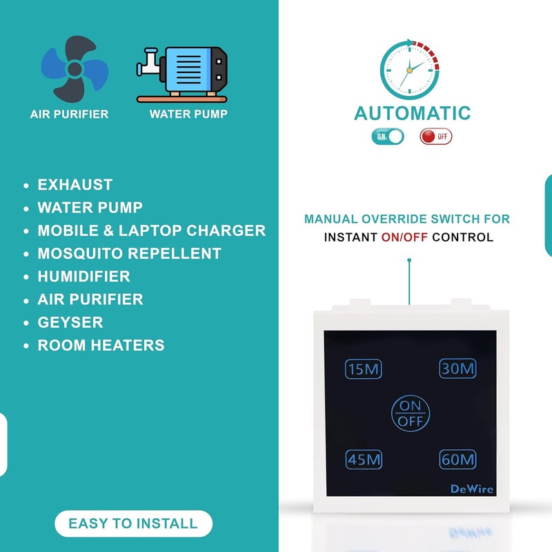 DeWire Auto Cut Off Timer Switch for Water Motor Pump Water Heater Exhaust FansMosquito RepellentHumidifier Air PurifierRoom Heaters and Lighting Loads up to 10 AMPS 15 30 45 60 Mins - Image 5