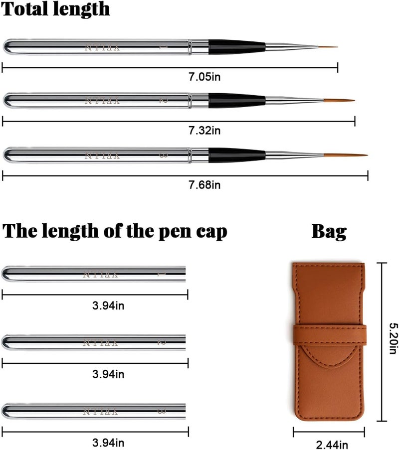 YFLLN 3pcs Elegant Watercolor Brushes，Nail Art Liner Brushes - Travel Kit with Leather Pouch Perfect for Watercolor Gouache Ink Painting，Long Lines, Thin Details, Fine Drawing Sizes - Image 3
