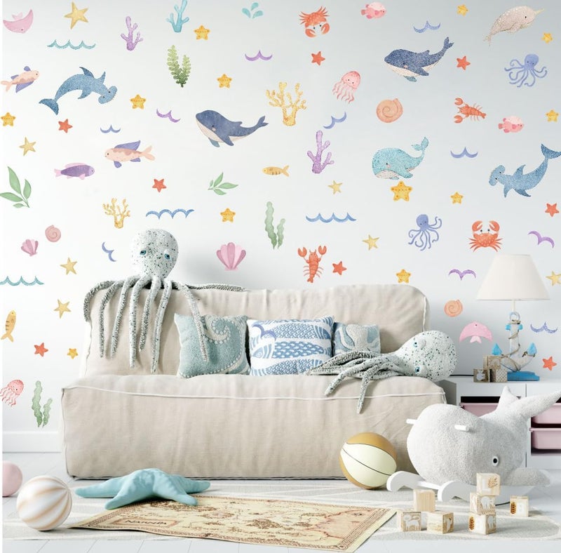YIMEHDAN Watercolor Ocean Wall Decals Whales Dolphins Seaweed Fish Vinyl Wall Stickers Removable Cartoon Under The Sea Animal Artwork for Baby Bedroom Playroom Bathroom Decor - Image 2