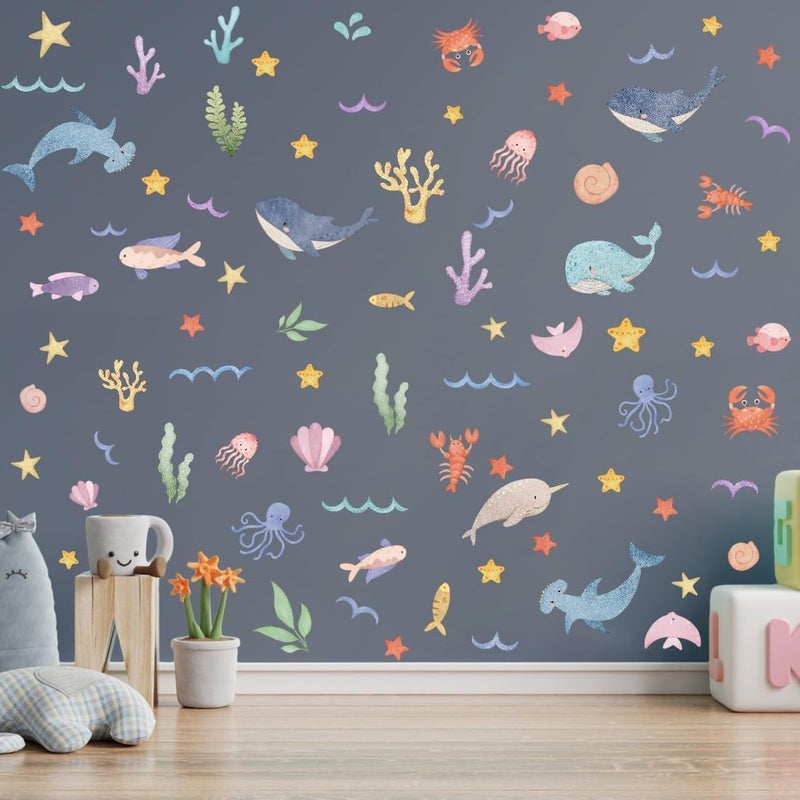 YIMEHDAN Watercolor Ocean Wall Decals Whales Dolphins Seaweed Fish Vinyl Wall Stickers Removable Cartoon Under The Sea Animal Artwork for Baby Bedroom Playroom Bathroom Decor - Image 3