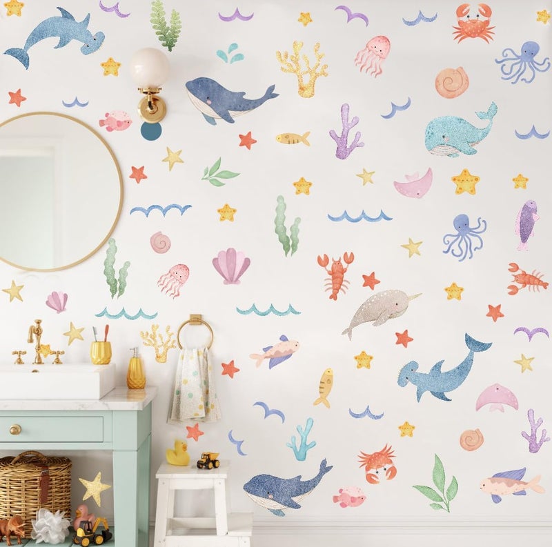 YIMEHDAN Watercolor Ocean Wall Decals Whales Dolphins Seaweed Fish Vinyl Wall Stickers Removable Cartoon Under The Sea Animal Artwork for Baby Bedroom Playroom Bathroom Decor - Image 5