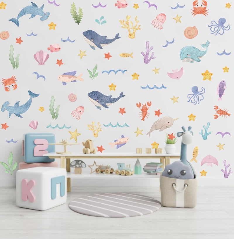 YIMEHDAN Watercolor Ocean Wall Decals Whales Dolphins Seaweed Fish Vinyl Wall Stickers Removable Cartoon Under The Sea Animal Artwork for Baby Bedroom Playroom Bathroom Decor - Image 1
