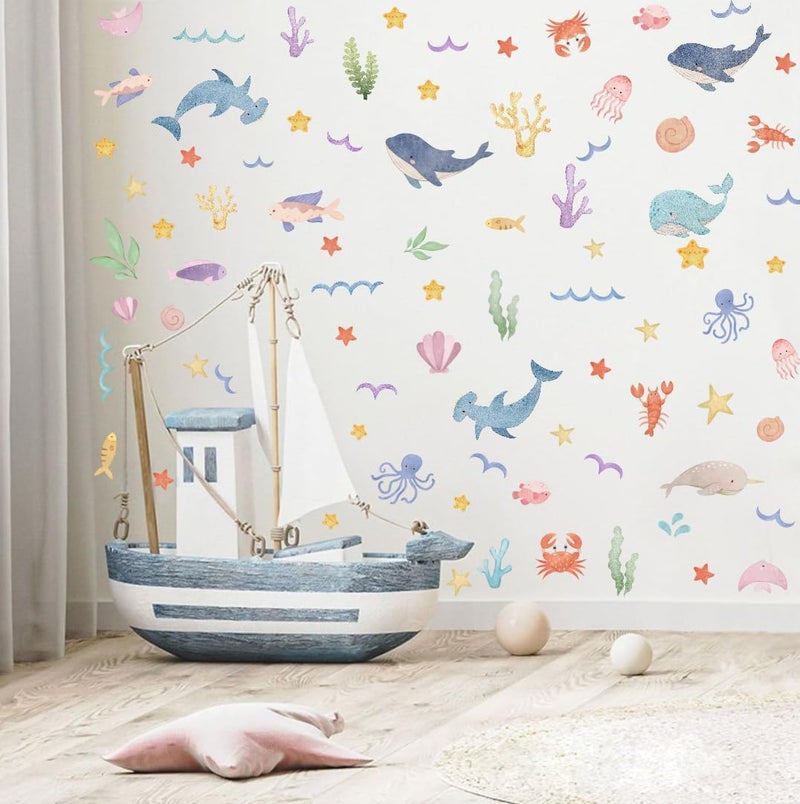 YIMEHDAN Watercolor Ocean Wall Decals Whales Dolphins Seaweed Fish Vinyl Wall Stickers Removable Cartoon Under The Sea Animal Artwork for Baby Bedroom Playroom Bathroom Decor - Image 4