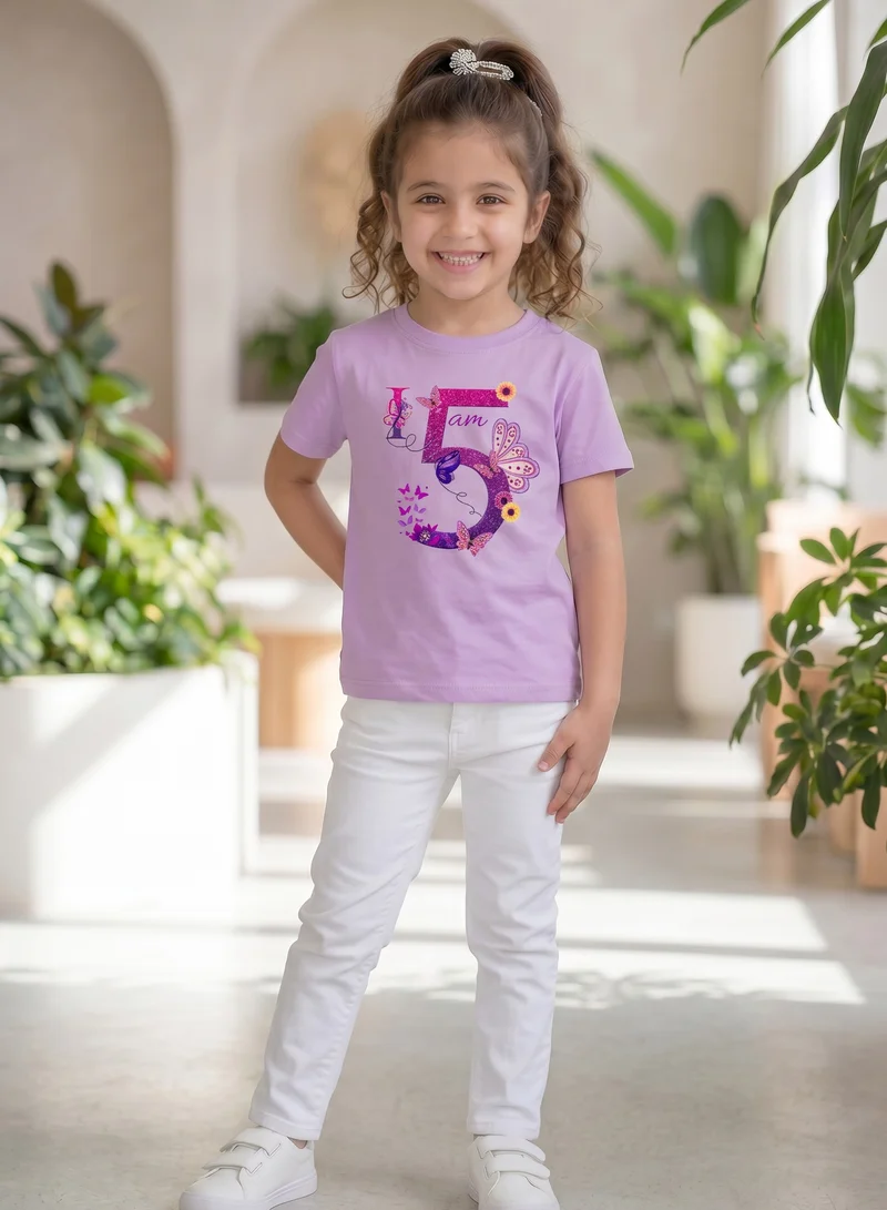Funkaar Funkaar Birthday Girl, 5th Year Butterfly Birthday Graphic Print T-Shirt