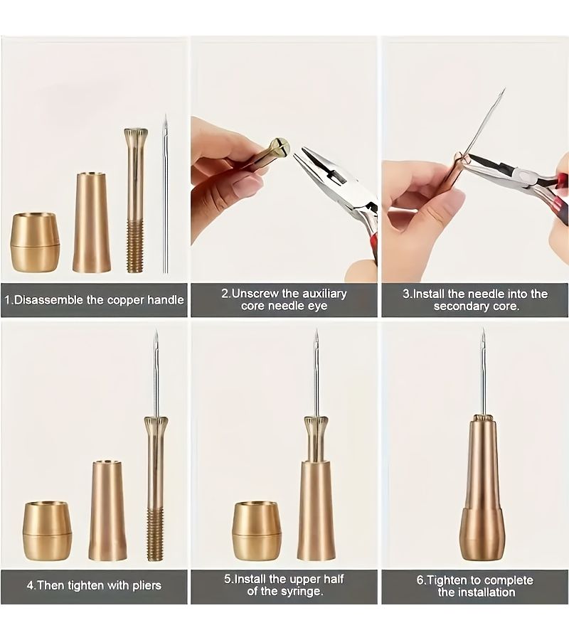 Leather Sewing Kit 6 Sets Copper Handle Heavy Duty Awl Needle Ergonomic Grip - Image 2
