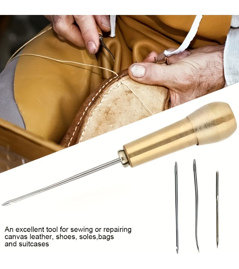 Leather Sewing Kit 6 Sets Copper Handle Heavy Duty Awl Needle Ergonomic Grip - Image 5
