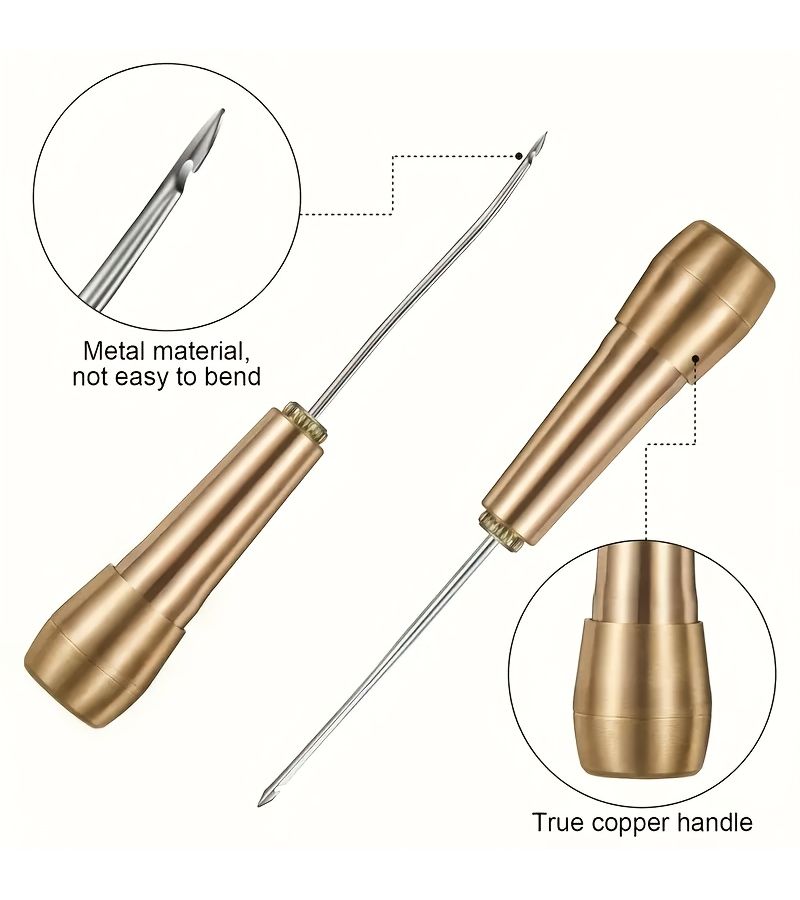 Leather Sewing Kit 6 Sets Copper Handle Heavy Duty Awl Needle Ergonomic Grip - Image 3