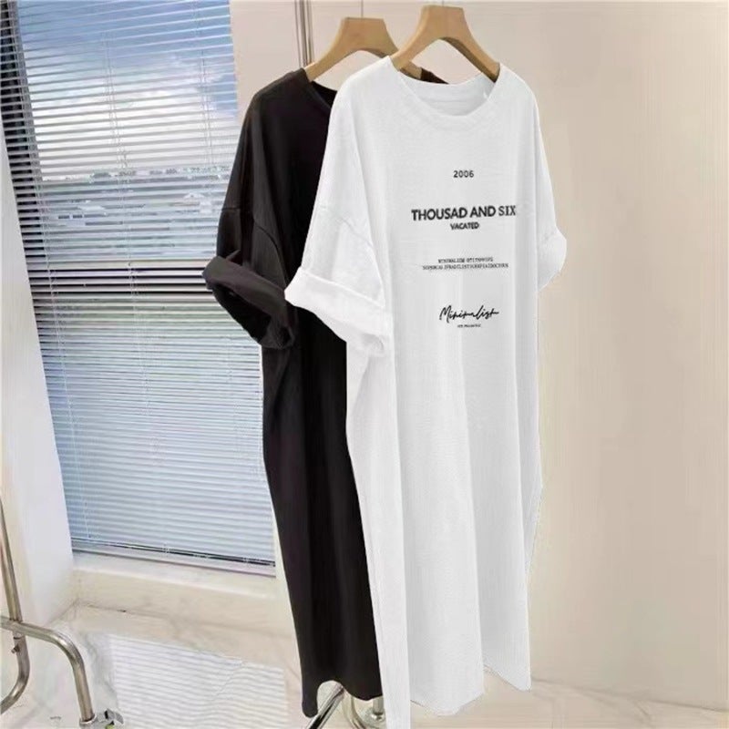 Korean Plus Size Slimming Midi T-Shirt Dress White - Image 1