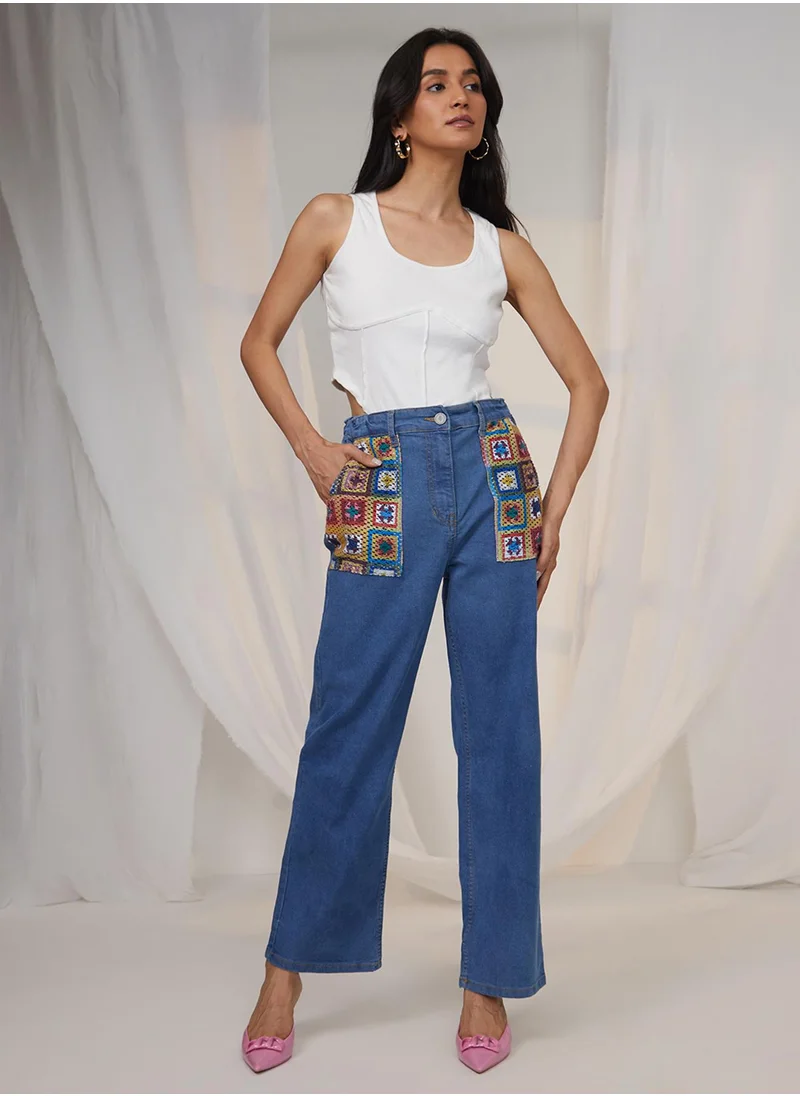 PINACOLADA Women's Lapis Blue Contrast Patch Denim Jeans