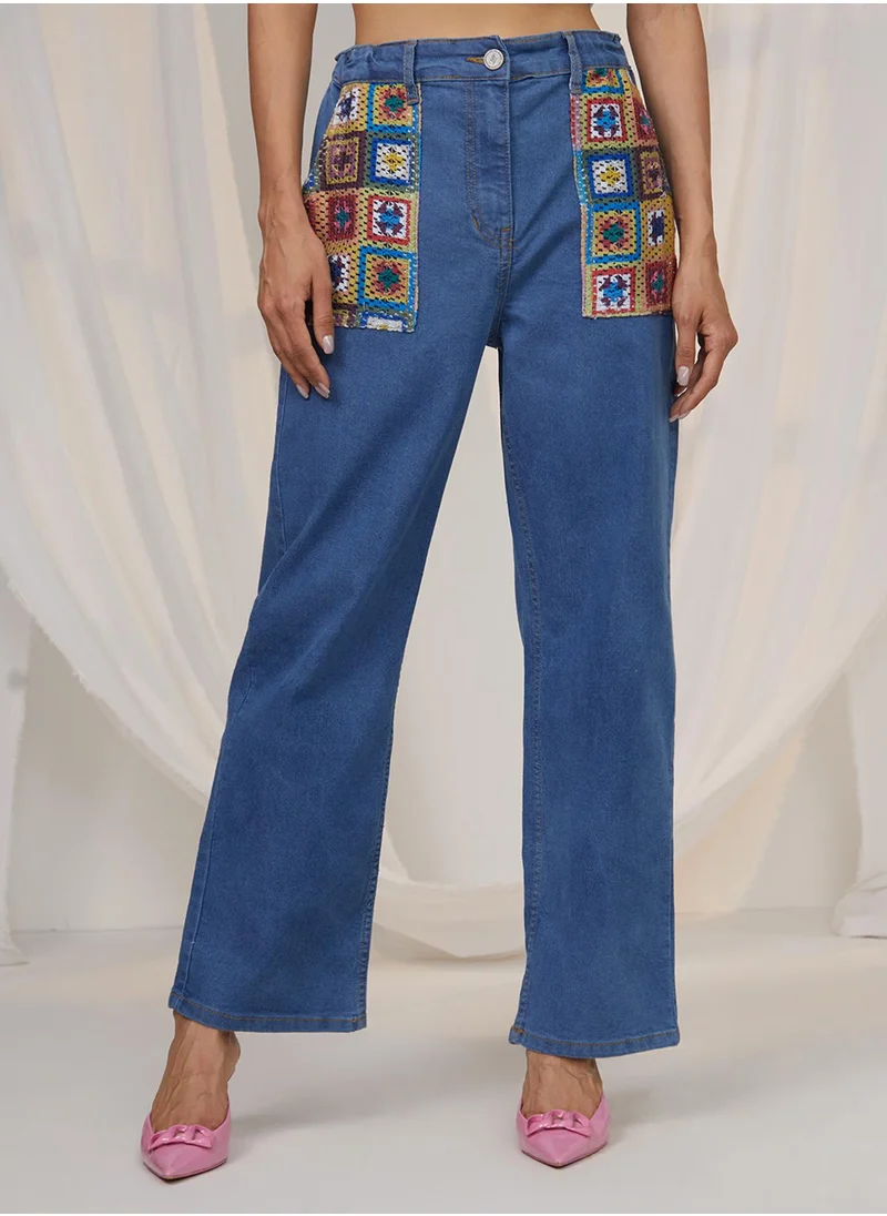 PINACOLADA Women's Lapis Blue Contrast Patch Denim Jeans
